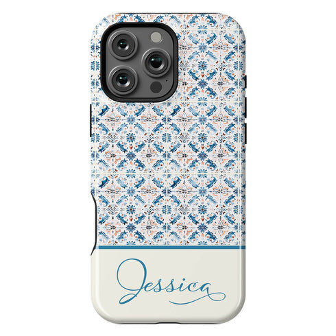 Custom Name Blue Mediterranean Tiles iPhone Case